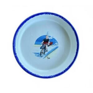 Vtg French Signed Cake Plate Boy on Bicycle Bretagne Ceramique Industrie